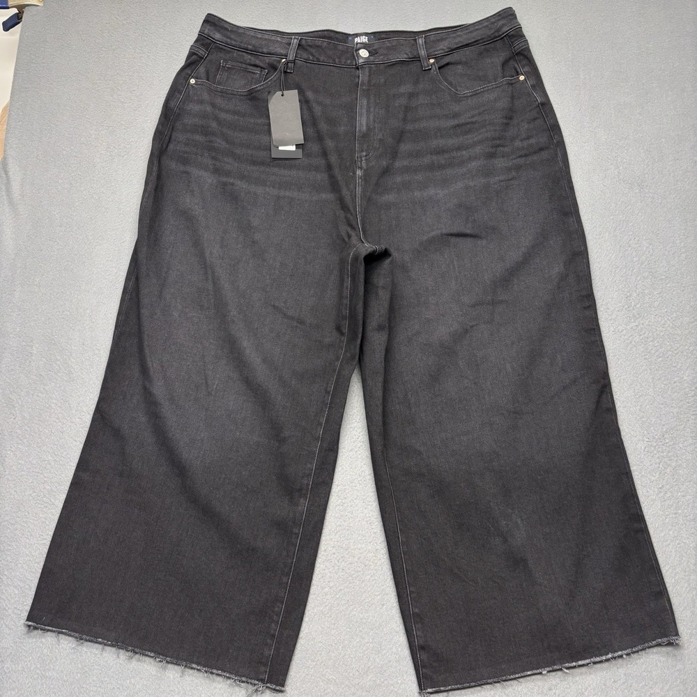 NEW Paige Anessa Raw Hem Jeans Black Lotus Wide Leg Ankle Denim 22W 27" Inseam - Picture 2 of 12